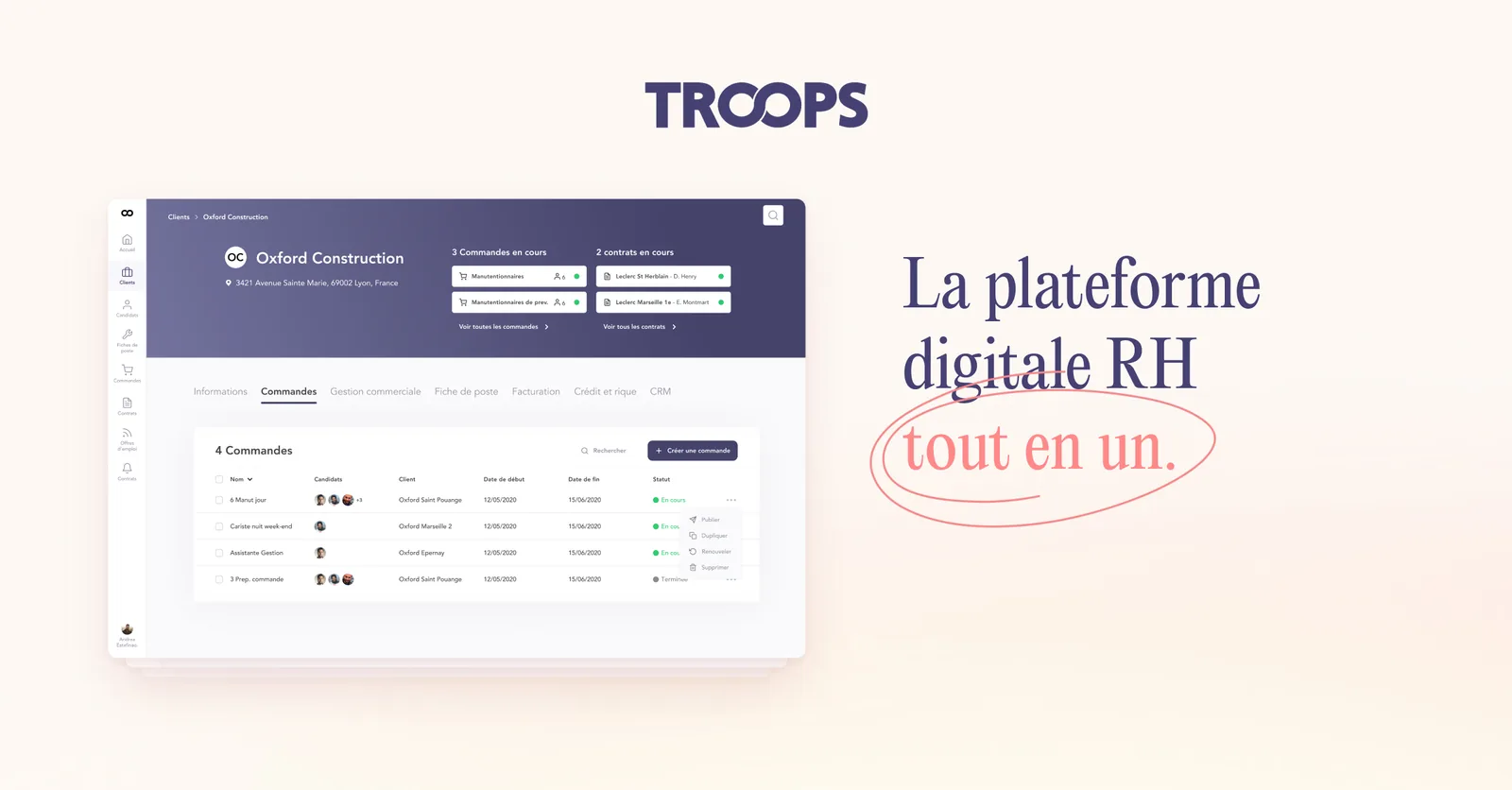 Capture d'écran Troops - Plateforme de mise en relation développé par Digital Anywhere - First Product Manager, Pilotage d'équipes offshore